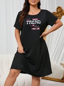 vestido de ropa de dormir de verano informal con impresión de letras en talla grande - Negro - Ver 5