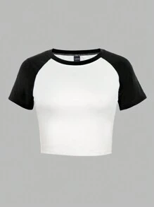 INAWLY 夏季休閒拼色圓領短袖露脐T恤
