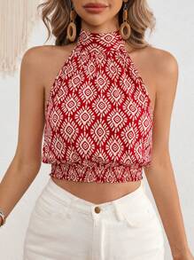 Vivid Eden Mono corto tejido con estampado floral y cuello halter para mujer