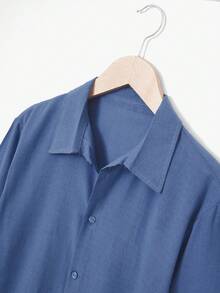 SHEIN Cottnline Men Solid Button Up Shirt - Blue - View 3