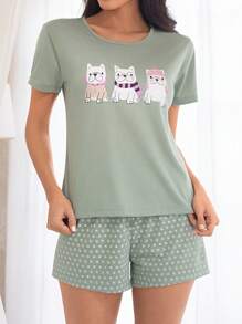 SHEIN 女士短款睡衣套裝，短袖短褲，英國鬥牛犬印花 - 綠色 - 查看 1