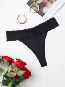 Quần ren tương phản màu trơn dành cho nữ, 1 cái - màu đen - Xem 1