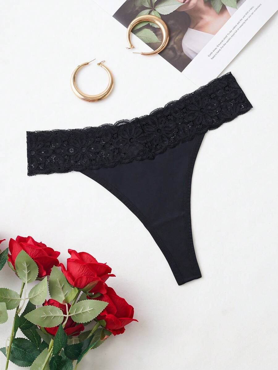 Quần ren tương phản màu trơn dành cho nữ, 1 cái - màu đen - Xem 1