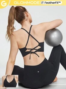 Áo ngực cắt cổ FeatherFit™ cổ chữ V có dây đeo chéo phía sau Tác động thấp Yoga hàng ngày - màu đen - Xem 1
