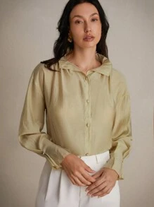 Aveloria Modichic Ladies' Casual Solid Color Pleated Stand Collar Long Sleeve Shirt - Khaki - View 3