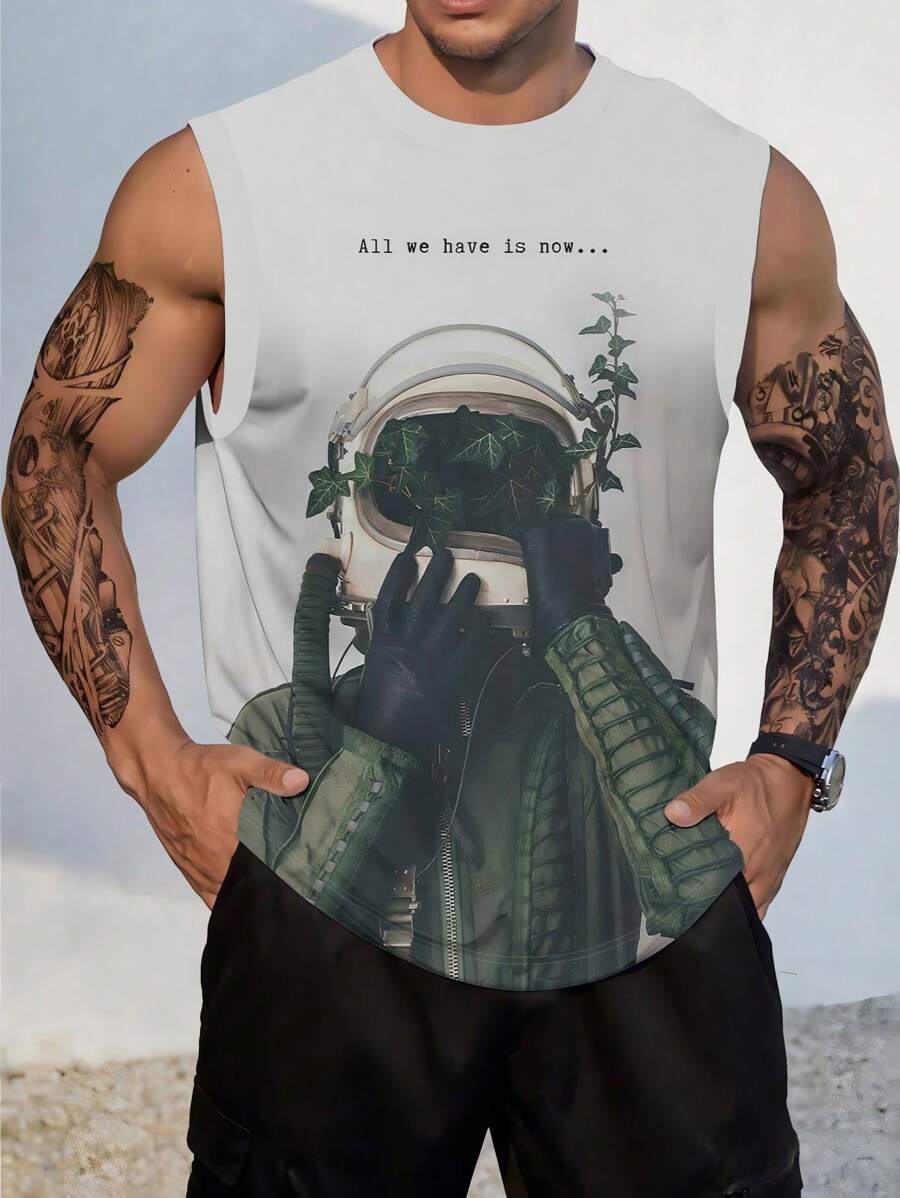Men's Summer Casual Tank Top With Slogan And Plant Print
