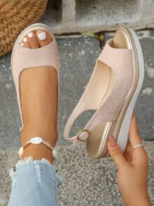 Nuevas sandalias de plataforma con tacón de cuña dorado de moda para mujer, color rosa abierto en la punta para madres de mediana edad