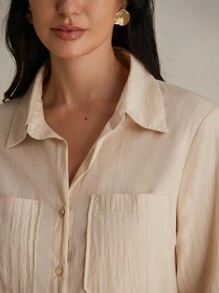 SHEIN Privé 紋理工作服長袖女士通勤襯衫 - 杏色 - 查看 6