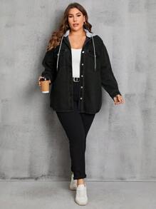 EMERY ROSE Plus Size Spring And Autumn Casual Drawstring Hooded Denim Jacket With Color Block Design - Black - View 5