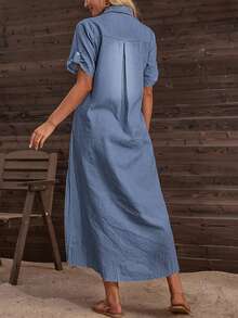 Women's Lapel Split Casual Summer Short Sleeve Denim Dress - Blue - View 2