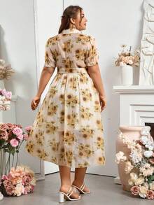 Franclia 大尺碼度假與休閒向全印向日葵泡泡袖連衣裙 - 黃色 - 查看 2