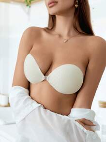 Women's 1pc Solid Simple Daily Round Cup Nipple Cover Boob Pads Strapless Self Adhesive Bra - Beige - View 3