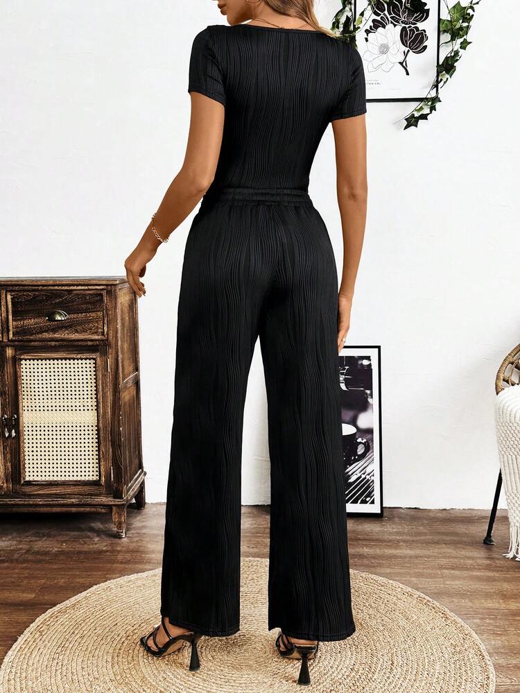 女性用夏のソリッドカラー スクエアネック 半袖トップス＆ウエストタイでロングパンツ カジュアルな2点セットアウトフィット