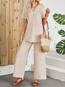 EMERY ROSE Women's Summer Short-Sleeved Shirt And Long Set - Khaki - View 3