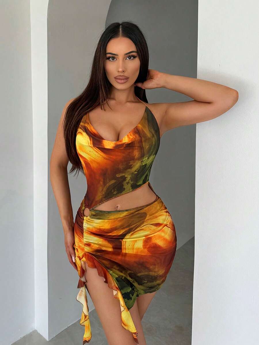 SHEIN SXY 網狀油畫漸變印花空心露肩系帶高中開叉荷葉邊修身迷你連衣裙 - 彩色 - 查看 1