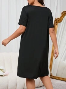 vestido de ropa de dormir de verano informal con impresión de letras en talla grande - Negro - Ver 2