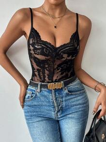 SHEIN Privé 女士時尚純色透明性感蕾絲連體衣 - 黑色 - 查看 4