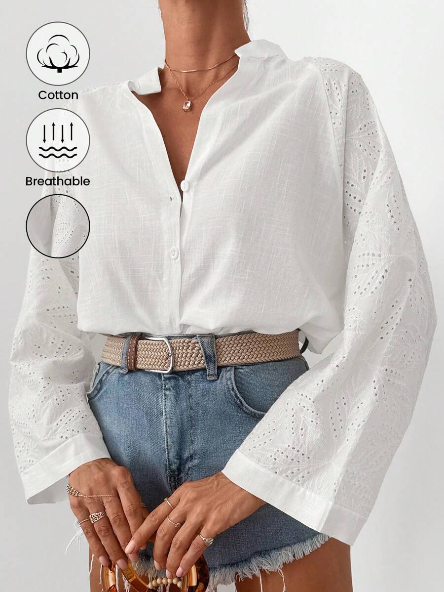 EURMUSE Eyelet Embroidery Raglan Sleeve Button Front Shirt - Beige - View 1