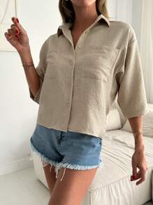 Cottnline Drop Shoulder Pocket Patched Button Front Shirt - Apricot - View 4