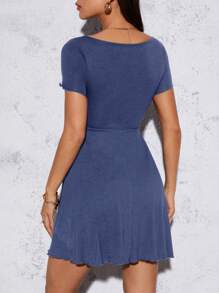 SHEIN PETITE Rau diếp Viền dây rút Nút thắt phía trước Trang phục phụ nữ mùa hè Váy đen - Màu xanh hải quân - Xem 2