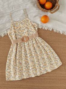 SHEIN 年轻女孩碎花细肩带休闲连衣裙，舒适百搭，适合春、夏、秋，适合 4-7 岁女孩在户外、上学、居家和度假时穿着