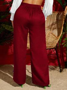 Travachic Pantalones anchos de verano negros con cintura de cordón y tela sólida - Burdeos - Ver 2