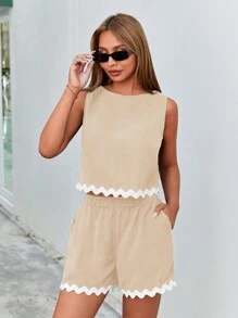 SHEIN Essnce Conjunto de chaleco y pantalones cortos con adorno de borde de concha en bloque de color en 2 piezas #Pascua - Albaricoque - Ver 5
