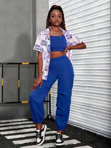 Teen Girls' Casual Street Style Loose Y2K Shirt And Suspender Cargo Pants Set With Cartoon Print - Blue - View 4