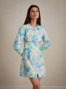 SHEIN Privé Summer Casual Random Dyed Print Tie-Front Waist Shirt Dress With Front Buttons Fall Cloth For Women - Multicolor - View 4