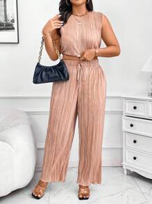 SHEIN Unity Bộ đồ hai mảnh không tay màu trơn cổ tròn thường ngày cỡ lớn và quần dài - Màu be - Xem 6