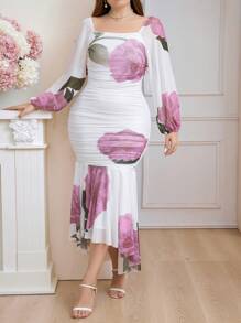 Modelyn Plus Size Elegant Floral Printed Lantern Sleeve Bodycon Dress With Ruffles And Mermaid Hem, Spring/Summer - White - View 4