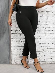 SHEIN Clasi Cộng với kích thước thường ngày màu trơn dây kéo trang trí quần cắt vừa vặn - màu đen - Xem 6