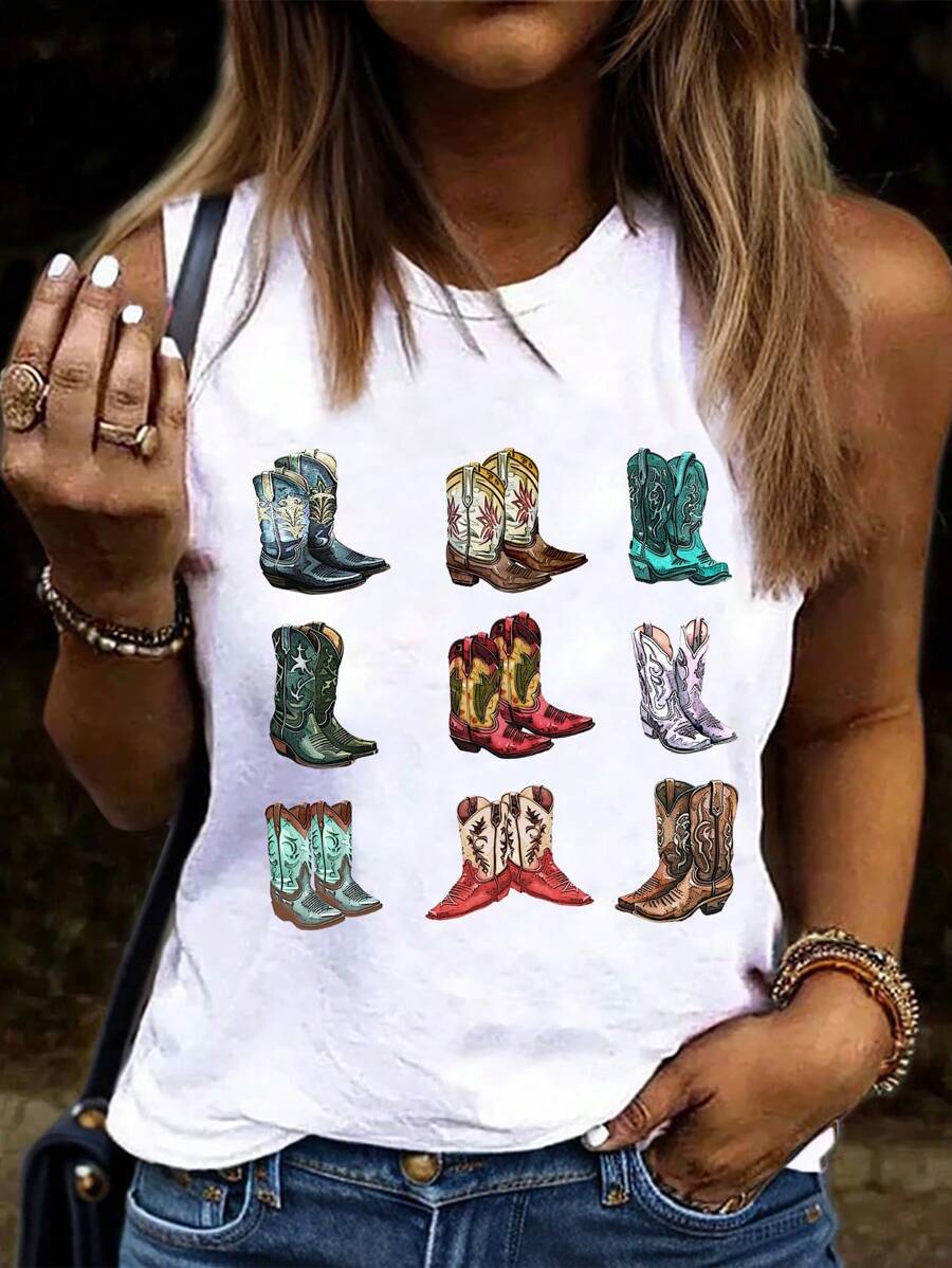 EMERY ROSE 休闲简约西部靴图案无袖圆领背心，适合夏季