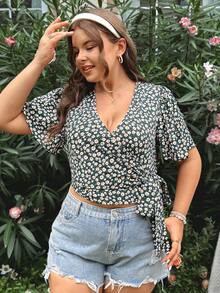 Truni Blouse à manches courtes avec imprimé marguerite bohème pour femmes grande taille, avec col en V croisé et détail de lien sur le côté, pour l'été - Noir - Voir 6