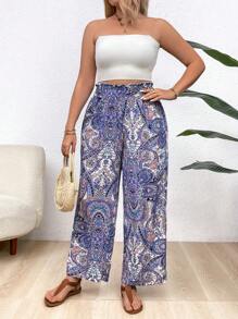 大尺碼女士復古風格印花簡約日常褲 - 藍色 - 查看 6