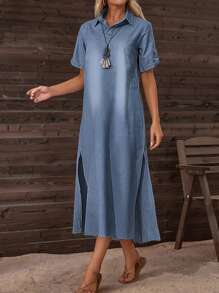 Women's Lapel Split Casual Summer Short Sleeve Denim Dress - Blue - View 1