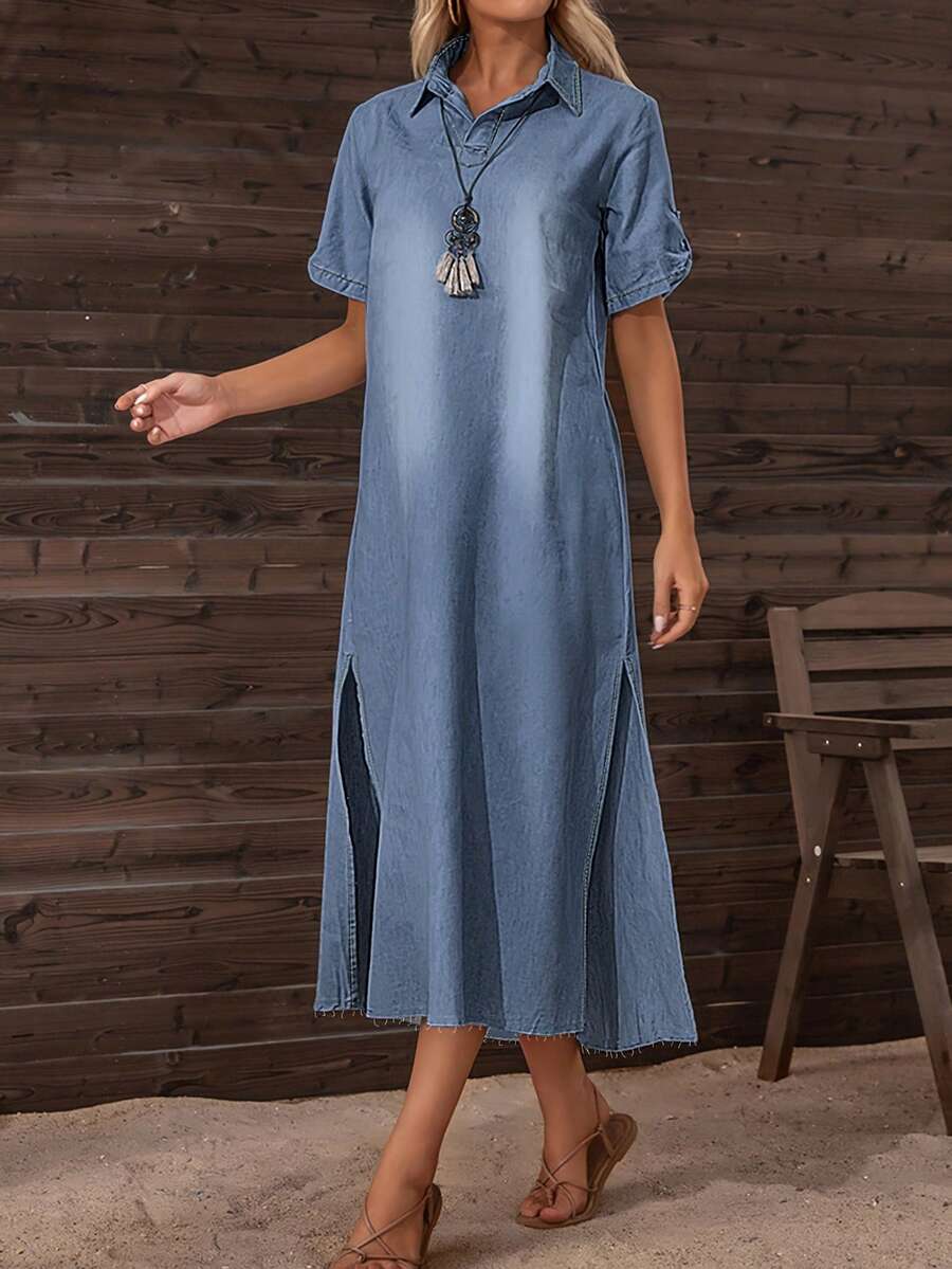 Women's Lapel Split Casual Summer Short Sleeve Denim Dress - Blue - View 1