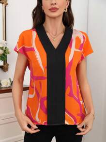 SHEIN Clasi Camisa de verano informal con bloques de colores y mangas cortas