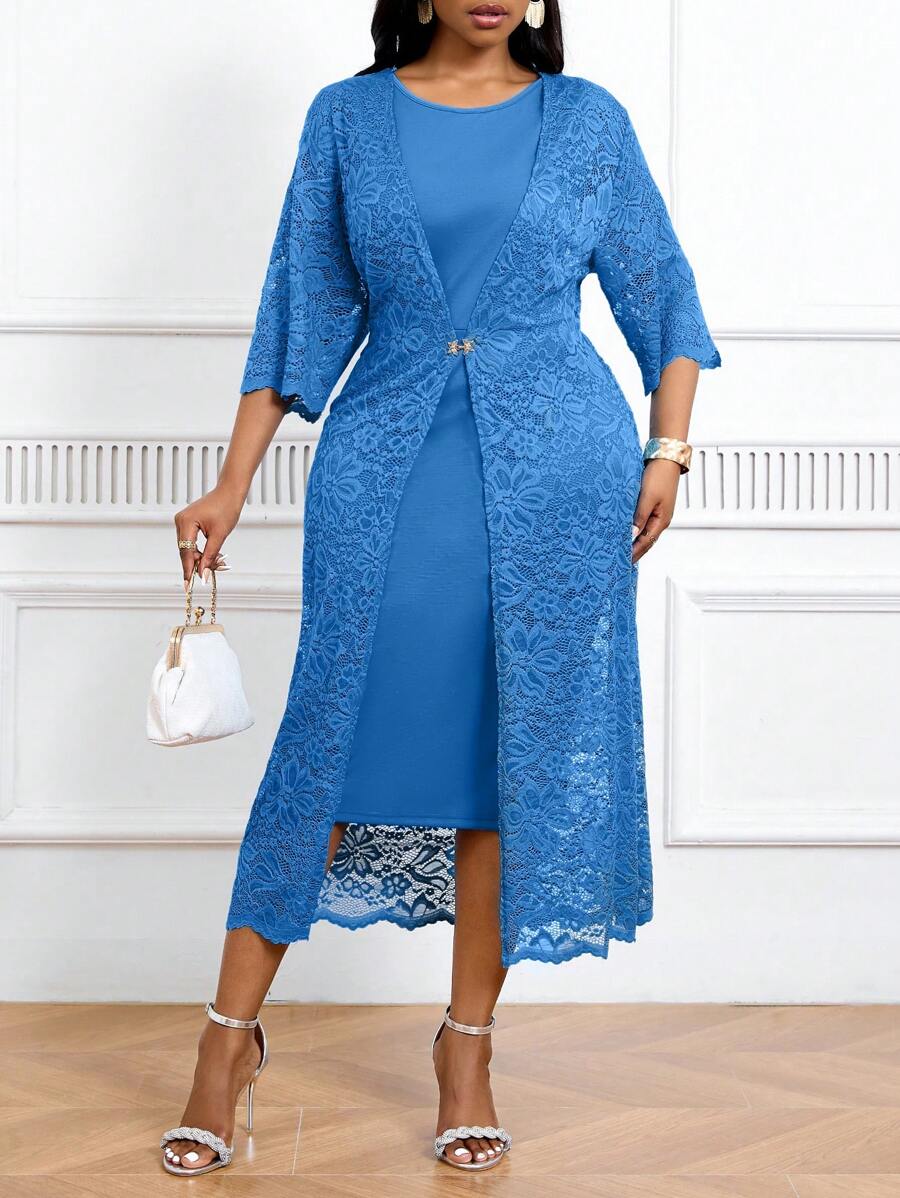SHEIN Lady Plus Size Women's Lace Jacket Wedding Reception Dress Summer Outfit - Blue - View 1