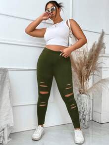Flirla Plus Size Solid Color Ripped Leggings - Army Green - View 6