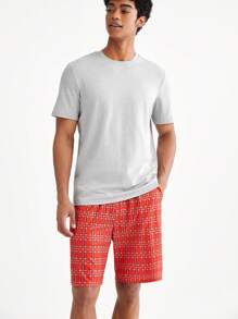 Men's Solid Color Short Sleeve Top And Checkered Shorts Homewear Set - Multicolor - View 8