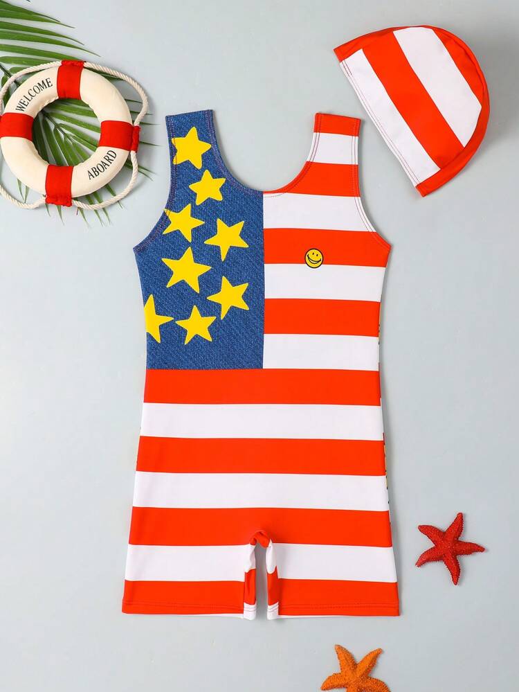 Young Boy One-Piece Sleeveless Swimsuit With Hat, Summer, Print Design