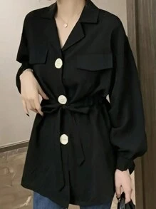 Camisa Feminina de Manga Longa com Colarinho de Terno, Cor Liso, com Botão e Cinto de Cintura