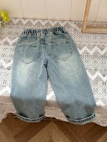 YOUNG GIRL Street Style Cool Handmade Brush Detail Flat Pockets Ripped Straight Jeans - Light Wash - View 2