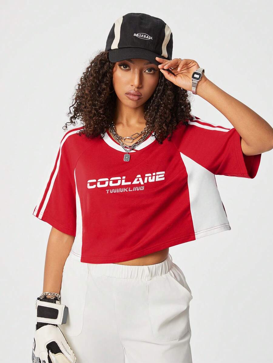 SHEIN Coolane Women's Street Style Color Block Cropped T-Shirt, Spring And Summer Essential - Red and White - View 1