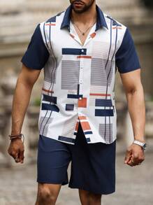 Manfinity Homme 男士加大尺碼假期休閒幾何印花短袖襯衫和純色短褲兩件套 - 彩色 - 查看 1