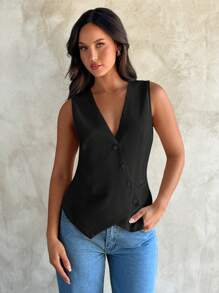 Aloruh Women's Elegant Summer Solid Color Suit Vest - Black - View 3