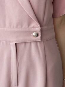 FRIFUL Women Solid Color Lapel Short Sleeve Casual Shirt With Wide Leg Jumpsuit For Summer - Pink - View 12