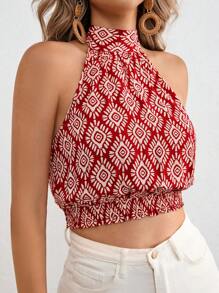Vivid Eden Mono corto tejido con estampado floral y cuello halter para mujer