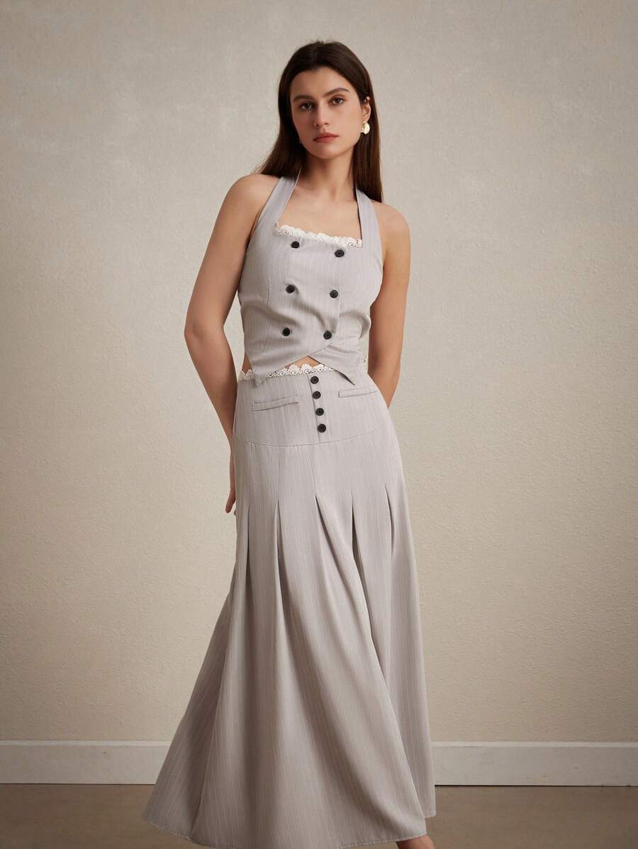 Femmeiva Academic Style Light Commuting Lace Splice Double Breasted Backless Vest With Pleated Super Long Skirt 2pcs Set For Women - Grey - View 1
